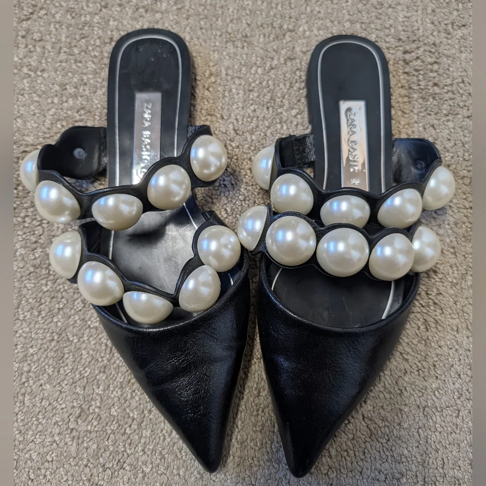 Zara Womens Pearl Strap Mules Pointed Flats Black 36 Blogger Favorite Influencer - Picture 2 of 9